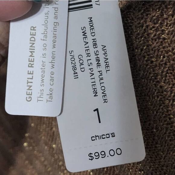 CHICO'S mixed rib shine pullover‎ sweater LS pattern gold size 1 medium NEW - Picture 4 of 7